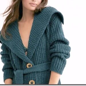 Free People teal green chunky knit shawl collar cardigan size medium